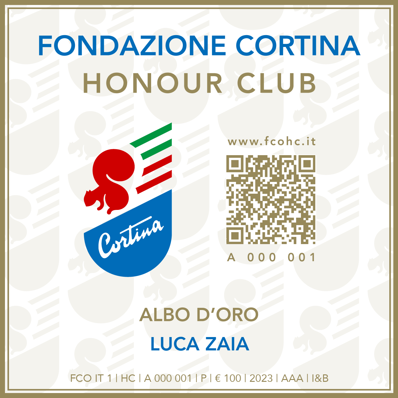 Fondazione Cortina Honour Club - Token Id A 000 001 - LUCA ZAIA
