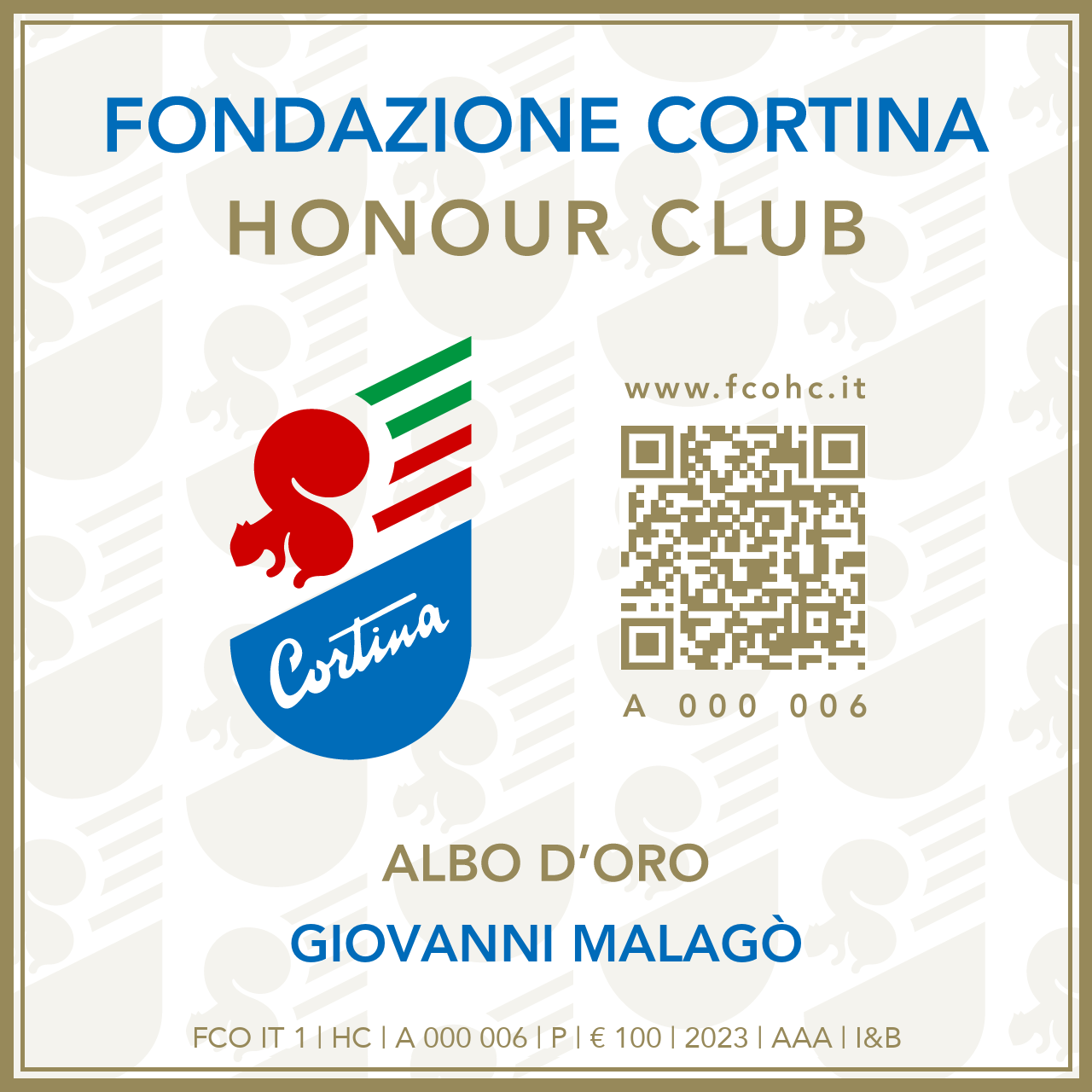 Fondazione Cortina Honour Club - Token Id A 000 006 - GIOVANNI MALAGÒ